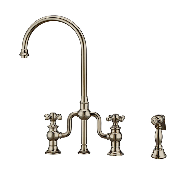 Whitehaus Bridge Faucet W/ Gooseneck Swivel Spout, Cross Handles And Brass Side S WHTTSCR3-9773-NT-PN